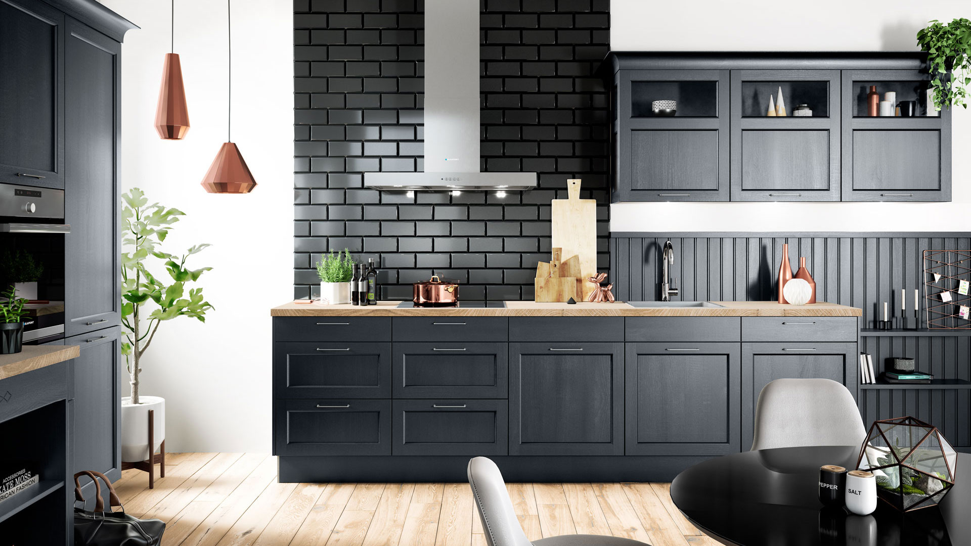 Landhausküche mit blauen Fronten und Miele Elektrogeräten bei Küchenwelt P und R in Leoben